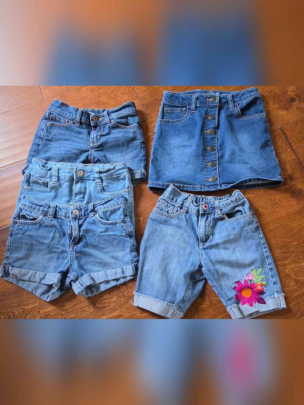Girls Blue Denim Shorts & Skirt Set with Floral Accent Size 6  Bundle